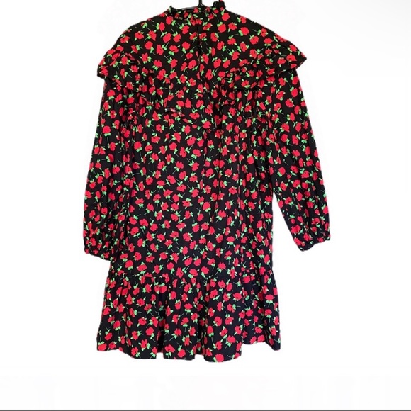 Zara poplin floral ruffle dress xsmall nwt black red - Picture 3 of 10